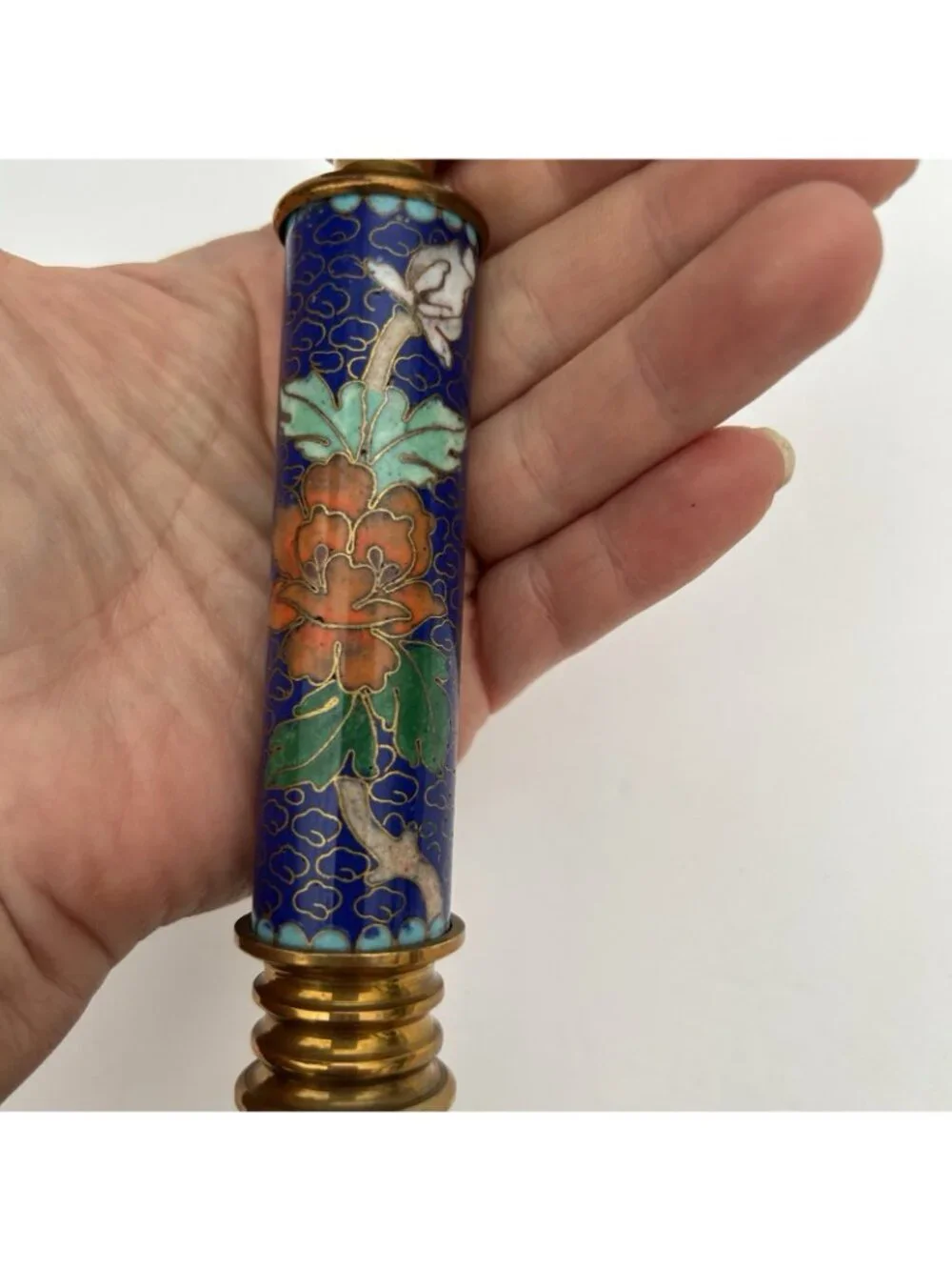 Vintage Brass Enamel Asian Bird Cloisonne Blue Candlestick Candle Holder 7.75”